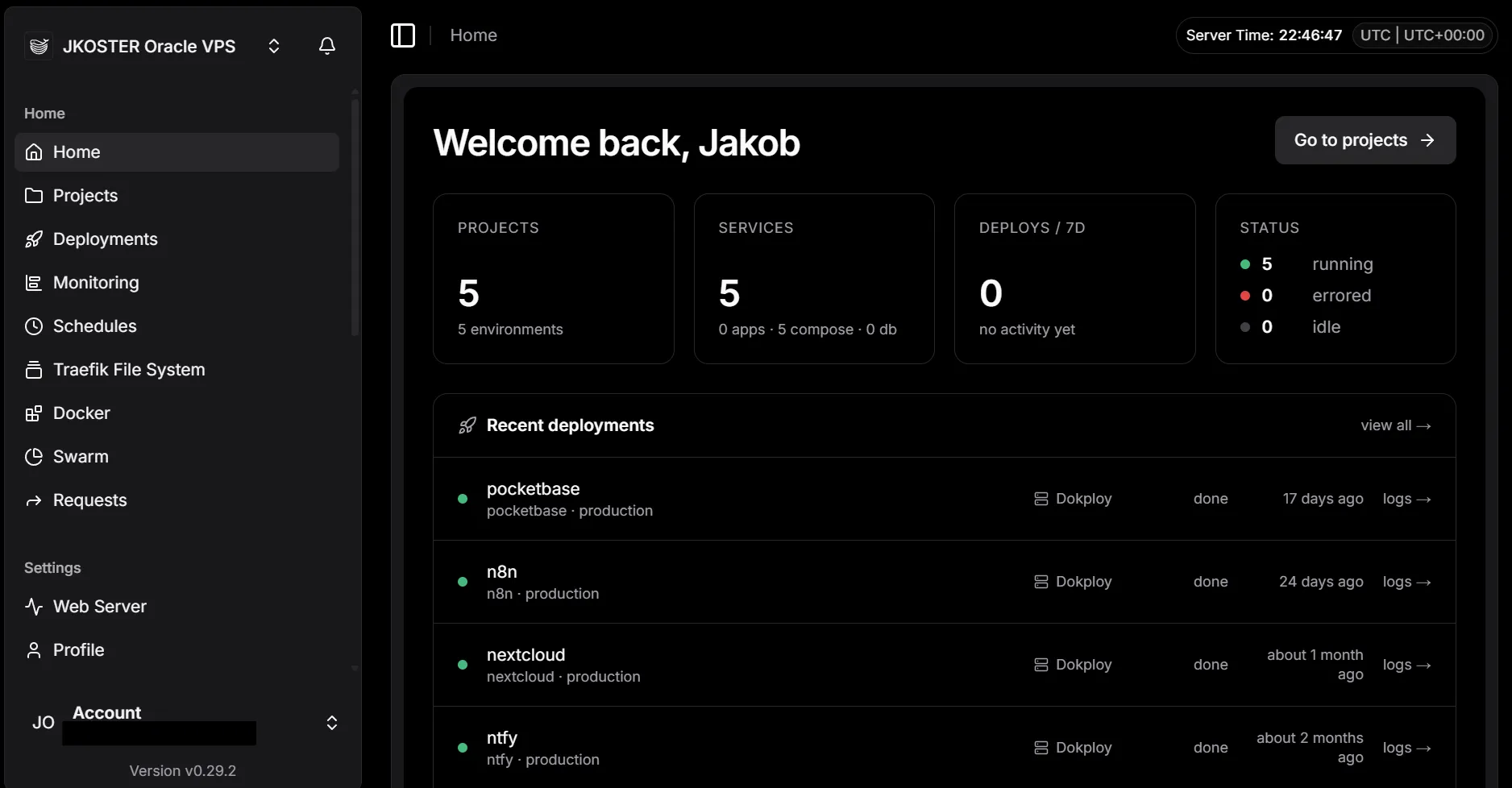Dokploy dashboard home view